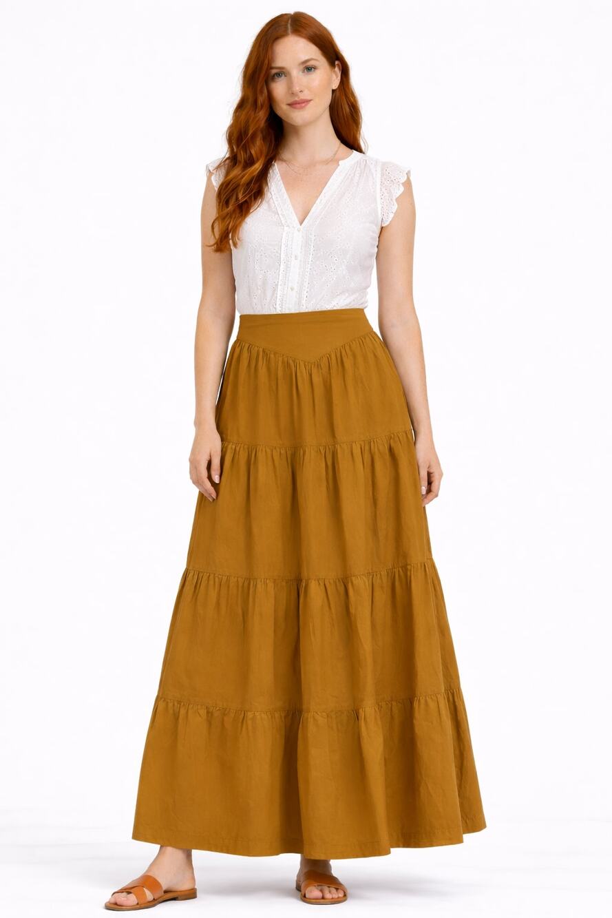 Doen Tiered Sanremo Maxi Skirt Coriander Organic Cotton Womens Size XL New